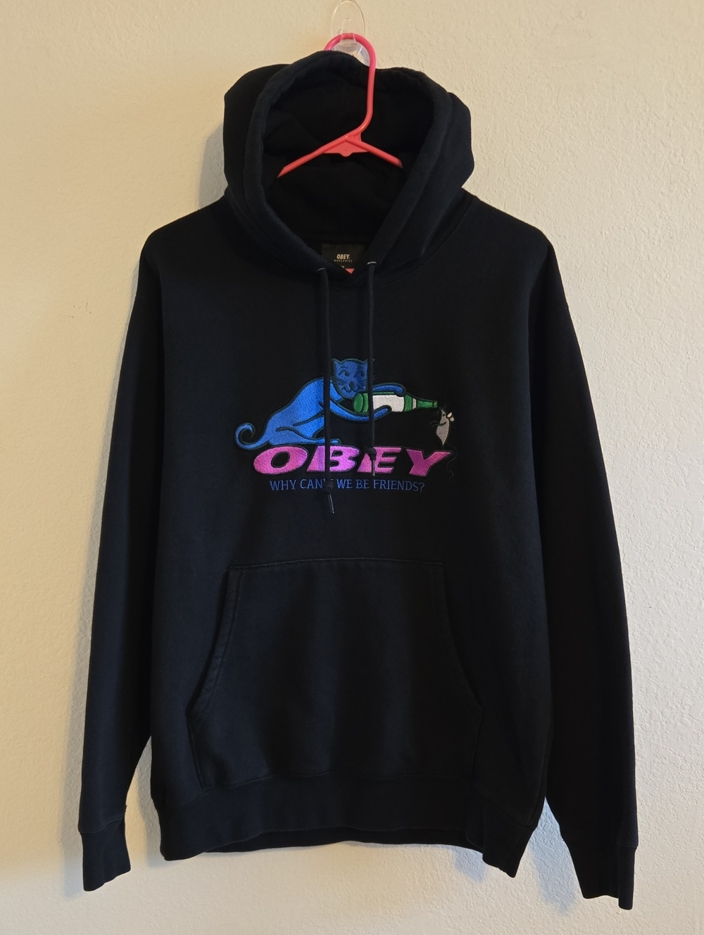 Obey Black Hoodie with Blue, Green & Pink Cat Graphic - Meduim